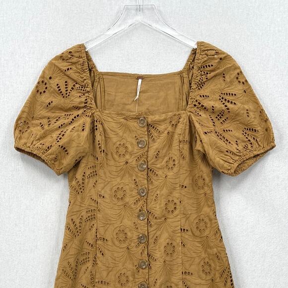 FREE PEOPLE Daniella Mini Dress Women 0 Taupe Embroidered Eyelet Puff Sleeve NEW - Picture 4 of 14